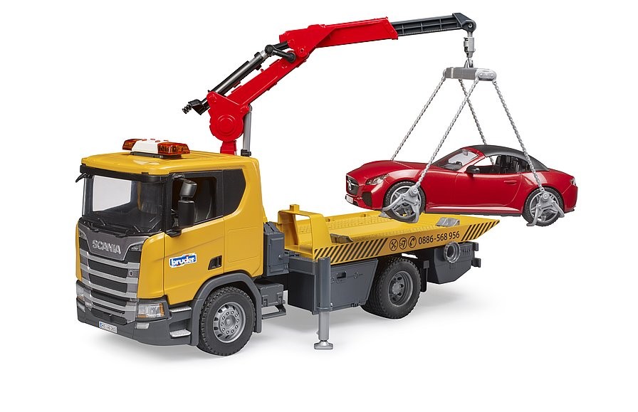 Tralas su kranu ir automobiliu scania bruder 3552