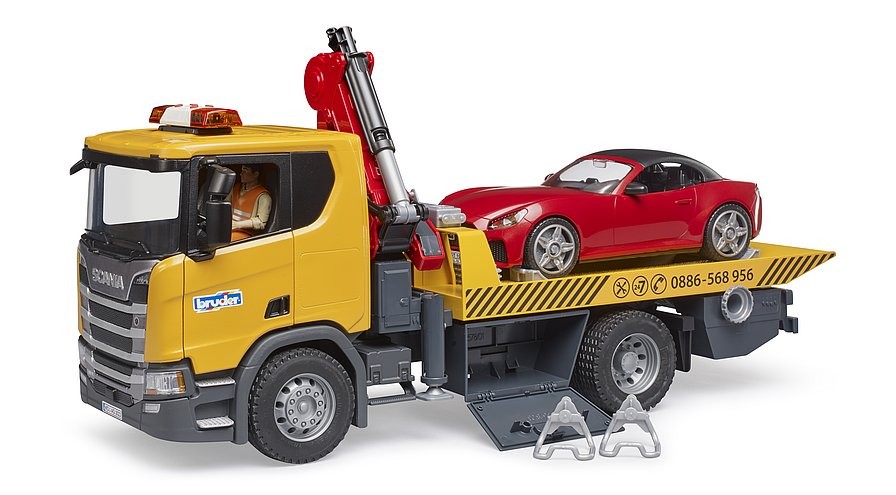 Tralas su kranu ir automobiliu scania bruder 3552