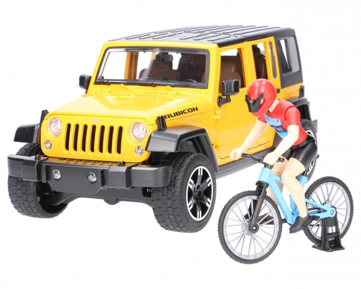Automobilis jeep wrangler ir dviratininkas su kalnų dviračiu bruder, 02543