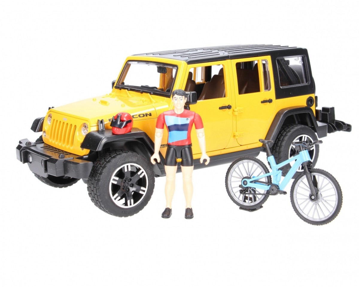 Automobilis jeep wrangler ir dviratininkas su kalnų dviračiu bruder, 02543