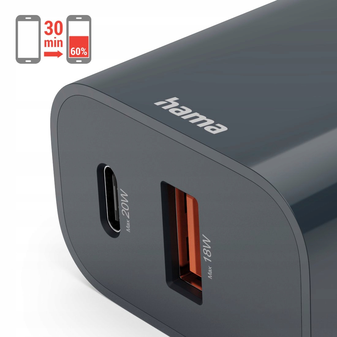 Adapteris Hama USB-C and USB-A Fast Charger, 20W Power Delivery, Compact Design