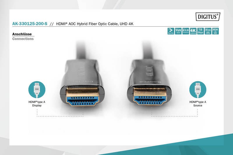 Hdmi laidas digitus ak-330125-200-s, hdmi, 20 m