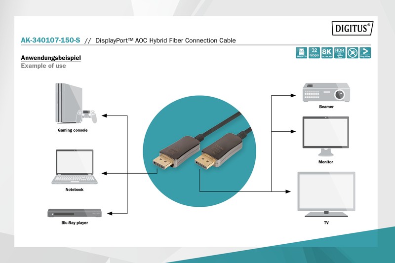 Hdmi laidas digitus ak-340107-150-s, dp, 15 m