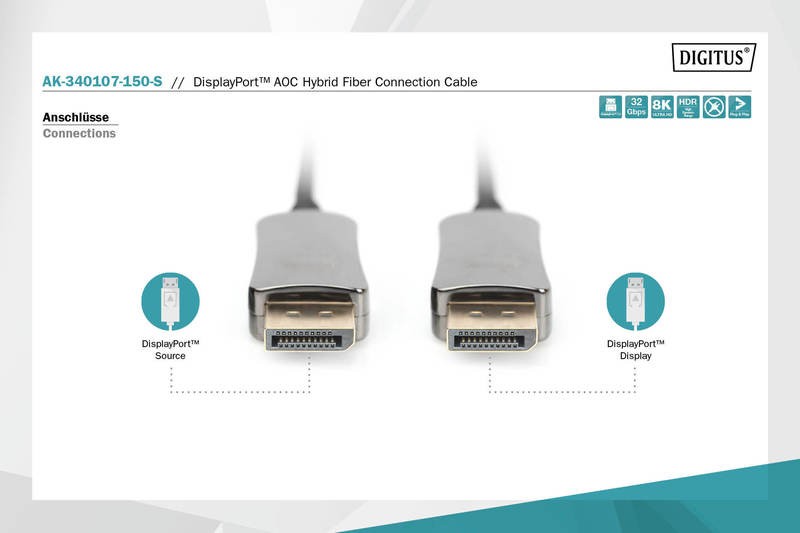 Hdmi laidas digitus ak-340107-150-s, dp, 15 m