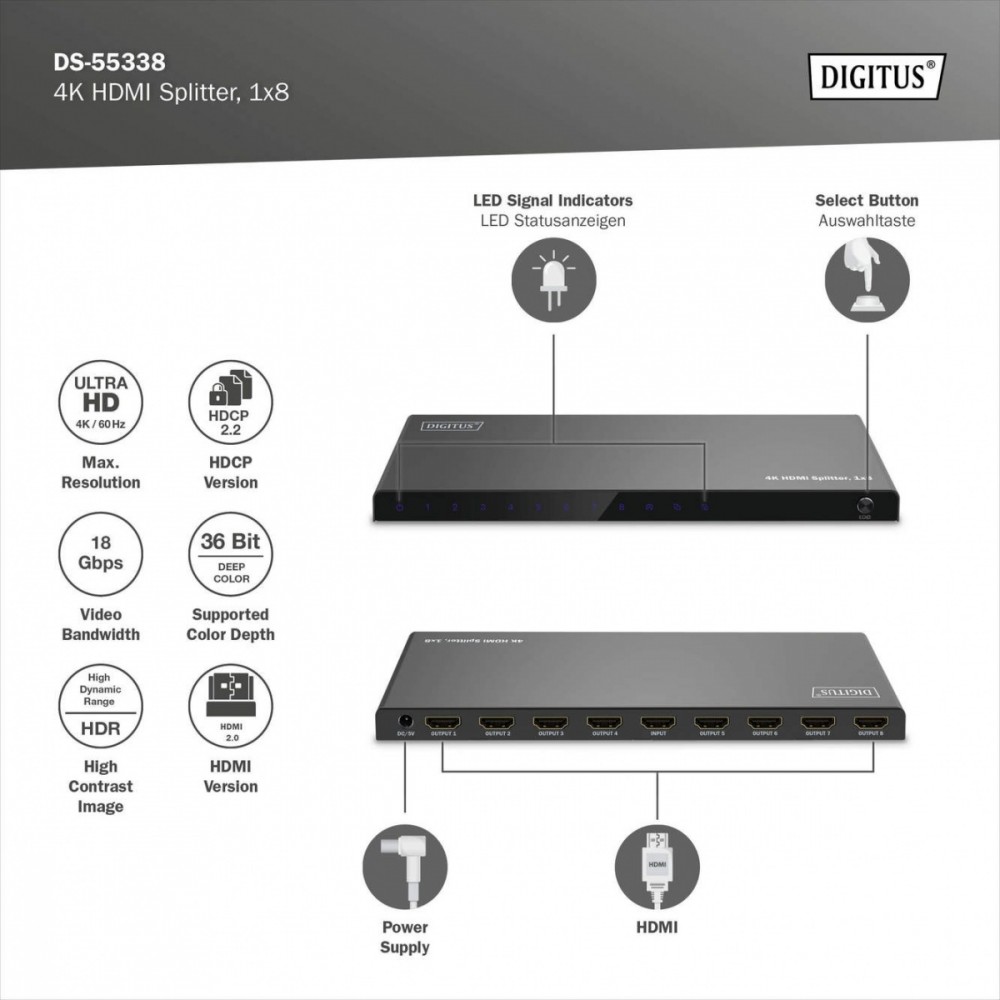 Assman elektroninis digitus 1x8 hdmi skirstytuvas 4k / 60hz hdcp