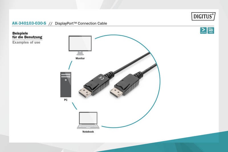 Hdmi laidas assmann ak-340103-030-s, hdmi/dp, 3 m