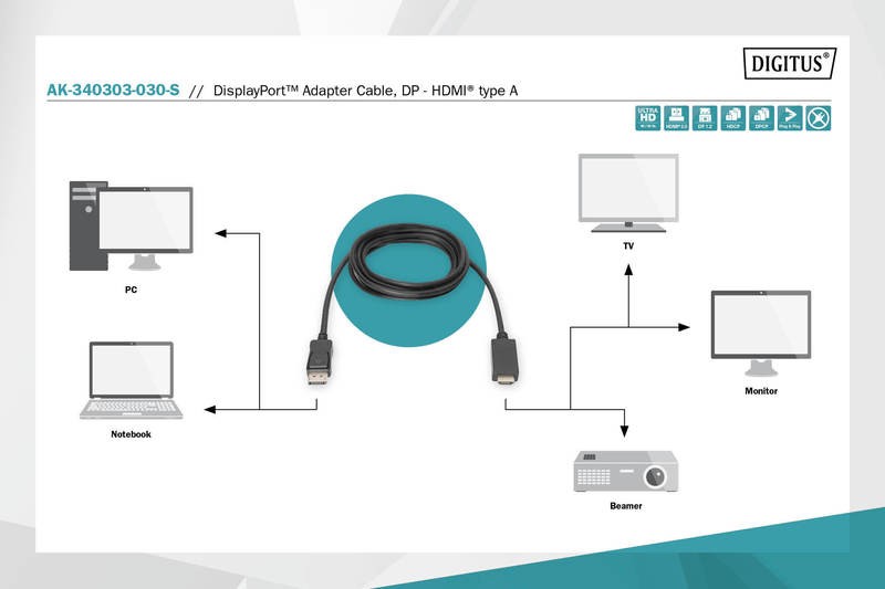 Hdmi laidas assmann ak-340303-030-s, hdmi/dp, 3 m