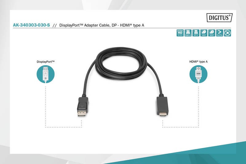 Hdmi laidas assmann ak-340303-030-s, hdmi/dp, 3 m