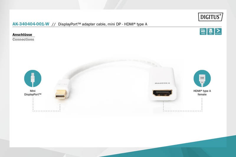 Assmann minidp->hdmi adapteris 0.15m