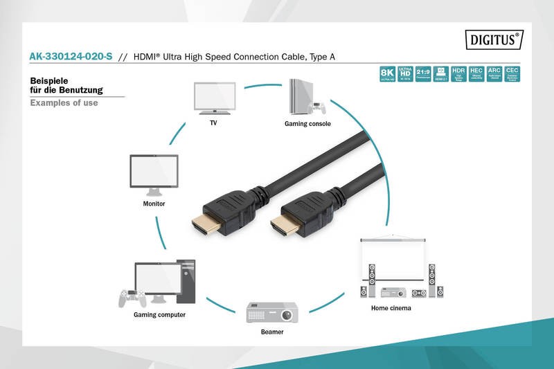 Hdmi laidas digitus ak-330124-020-s, hdmi, 2 m