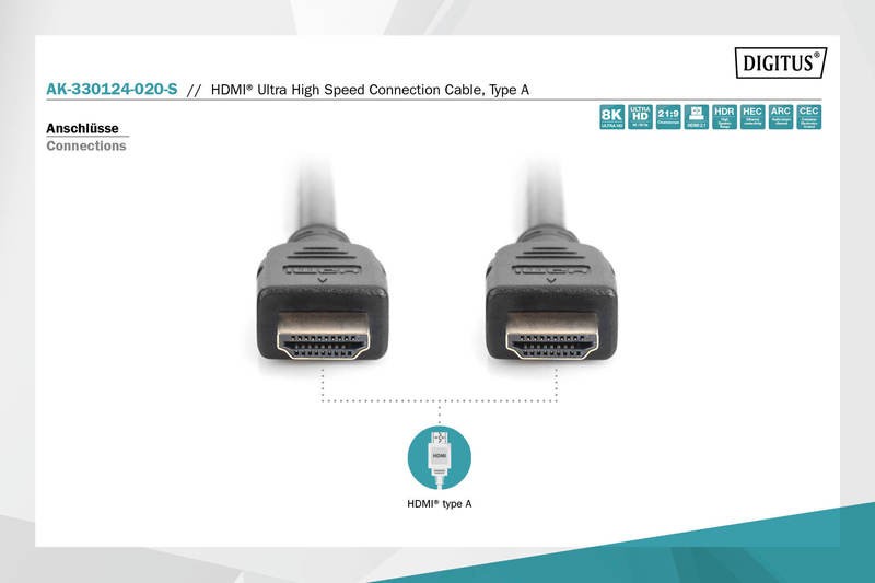 Hdmi laidas digitus ak-330124-020-s, hdmi, 2 m