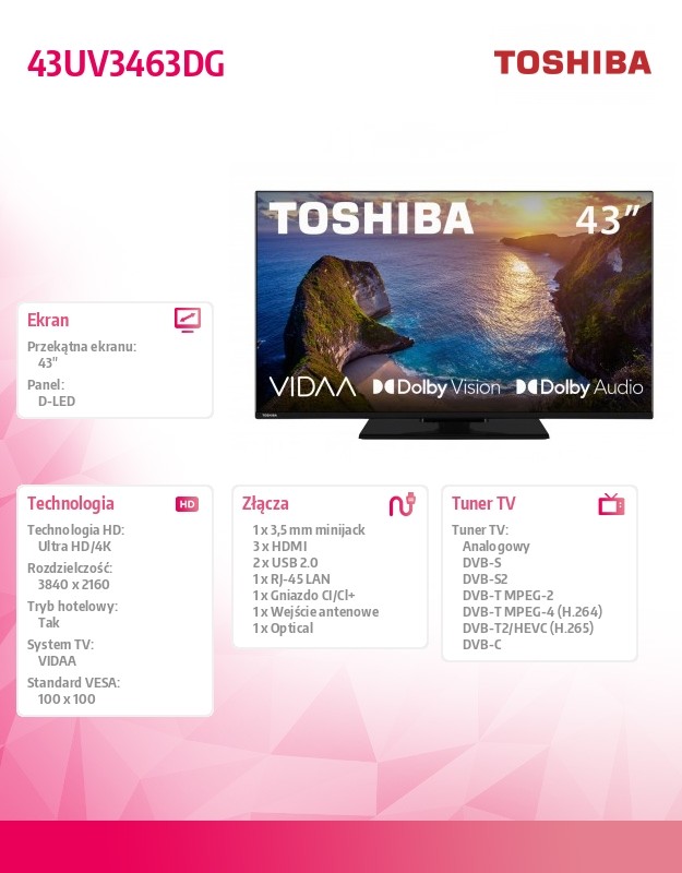43 colių 4K HDR televizorius su VIDAA ir Dolby Vision