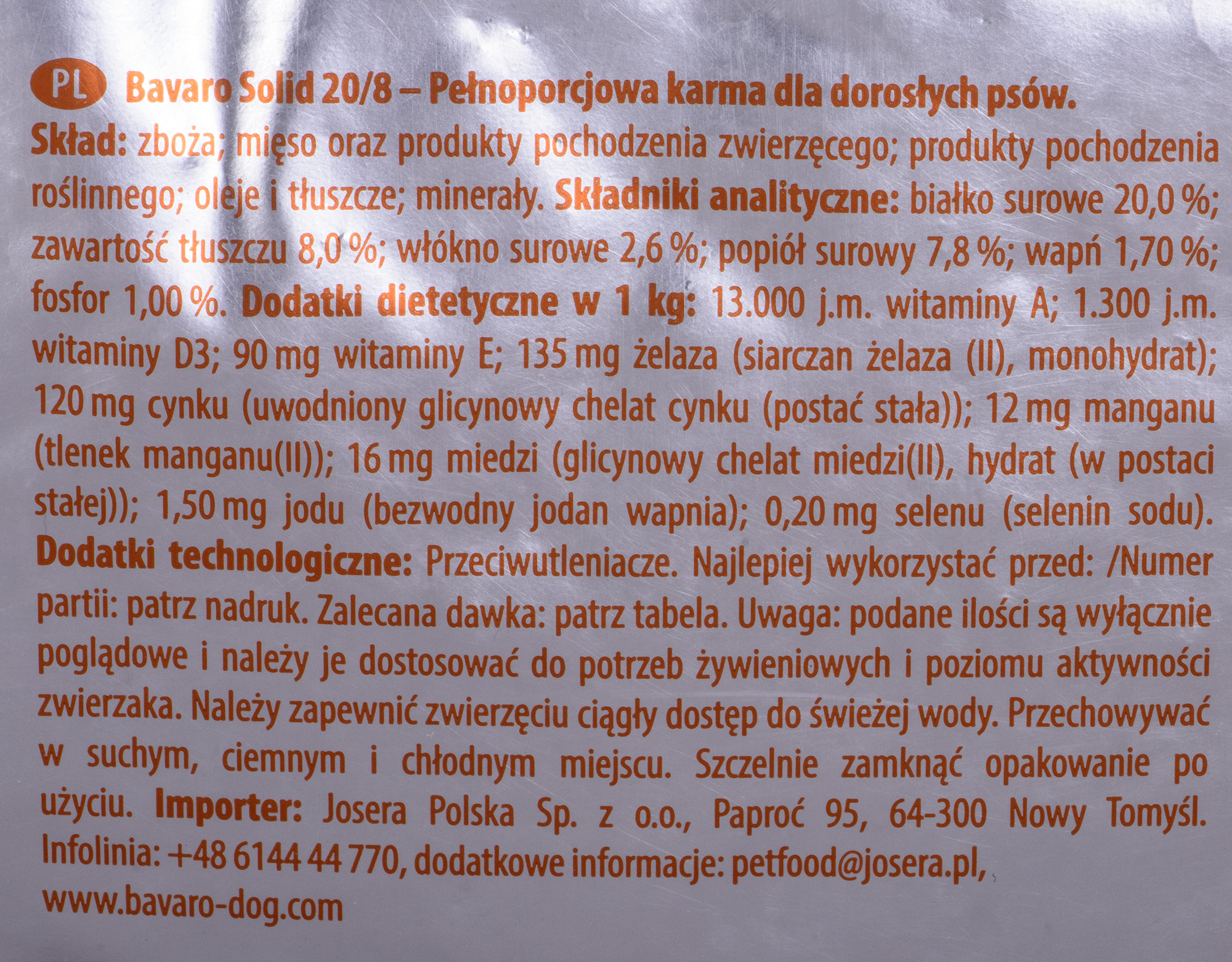 Bavaro solid 20/8 visavertis pašaras suaugusiems ir vyresnio amžiaus aktyvių veislių šunims, 18 kg