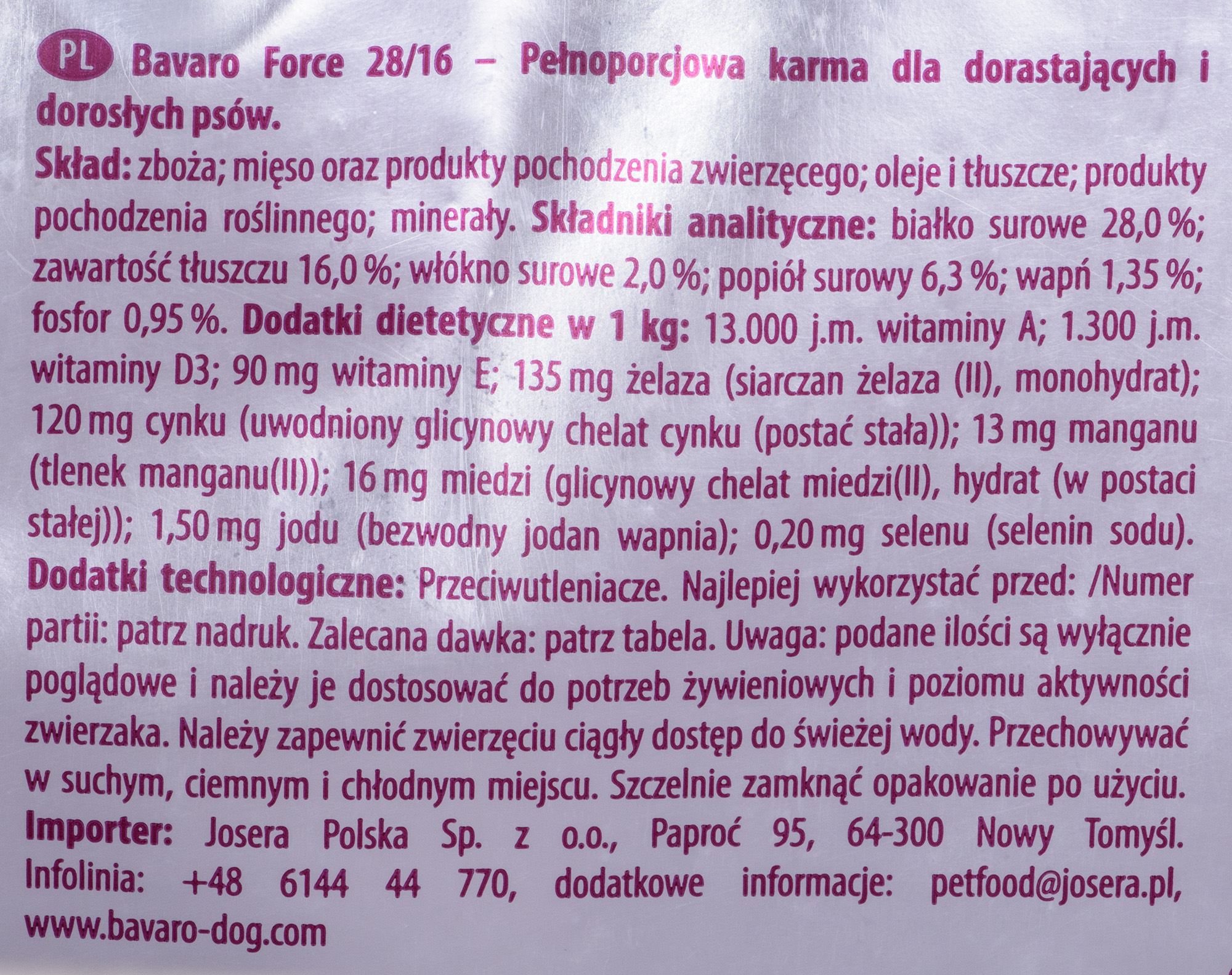 Bavaro force 28/16 pašaras aktyviems šunims, 18 kg