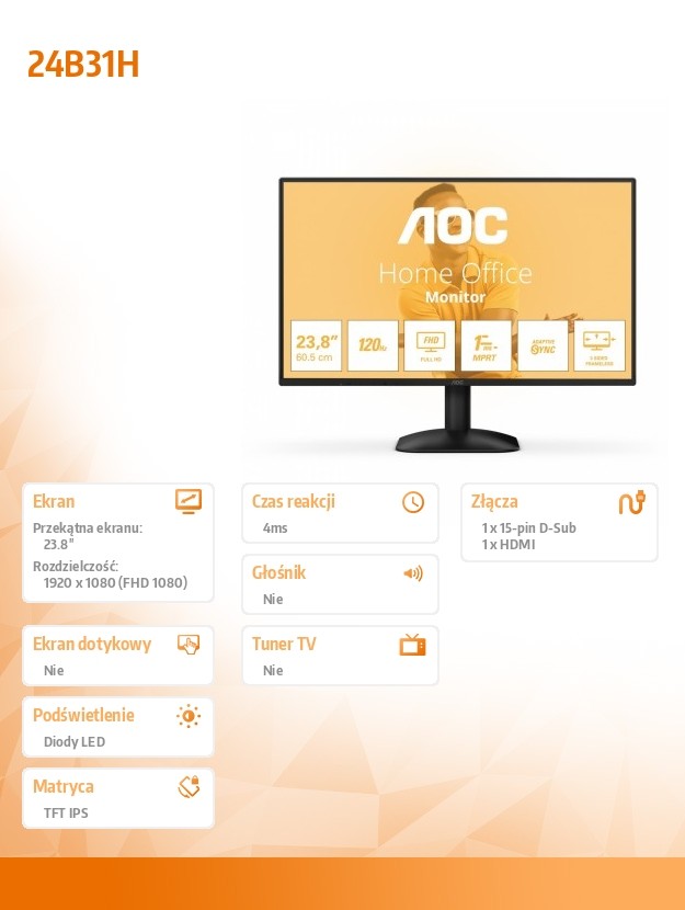 Monitorius „aoc international“ 24b31h monitorius, 23,8 colio, ips, fhd, 120 hz