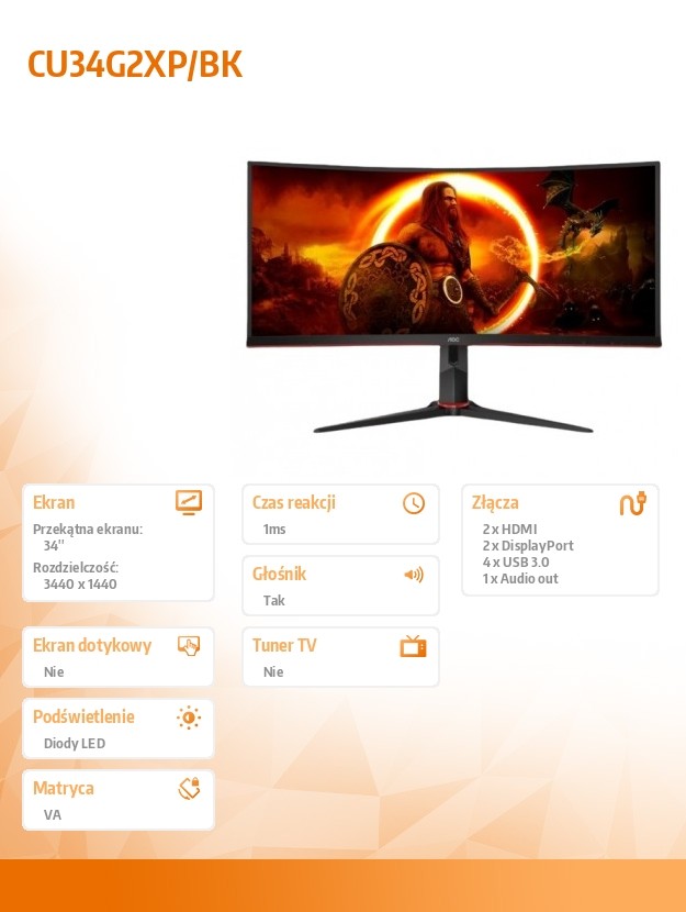 Monitorius aoc cu34g2xp/bk 34inch 3440x1440 va, 34