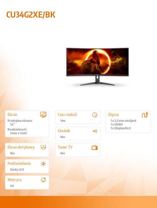 Monitorius aoc cu34g2xe/bk 34inch 3440x1440 va, 34
