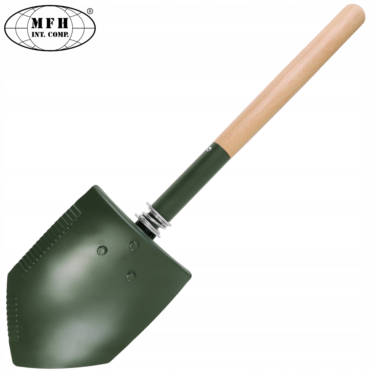 MFH Turistinė kastuvė/lygintuvas Delux su medine rankena, 60 cm ilgio, su dėklu, žalia
