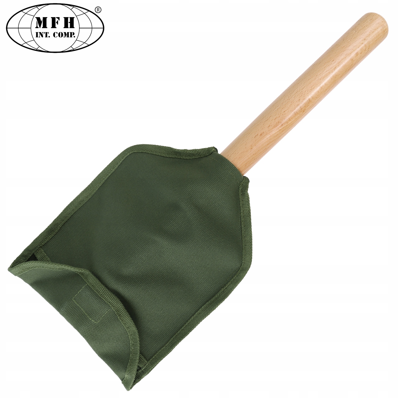 MFH Turistinė kastuvė/lygintuvas Delux su medine rankena, 60 cm ilgio, su dėklu, žalia
