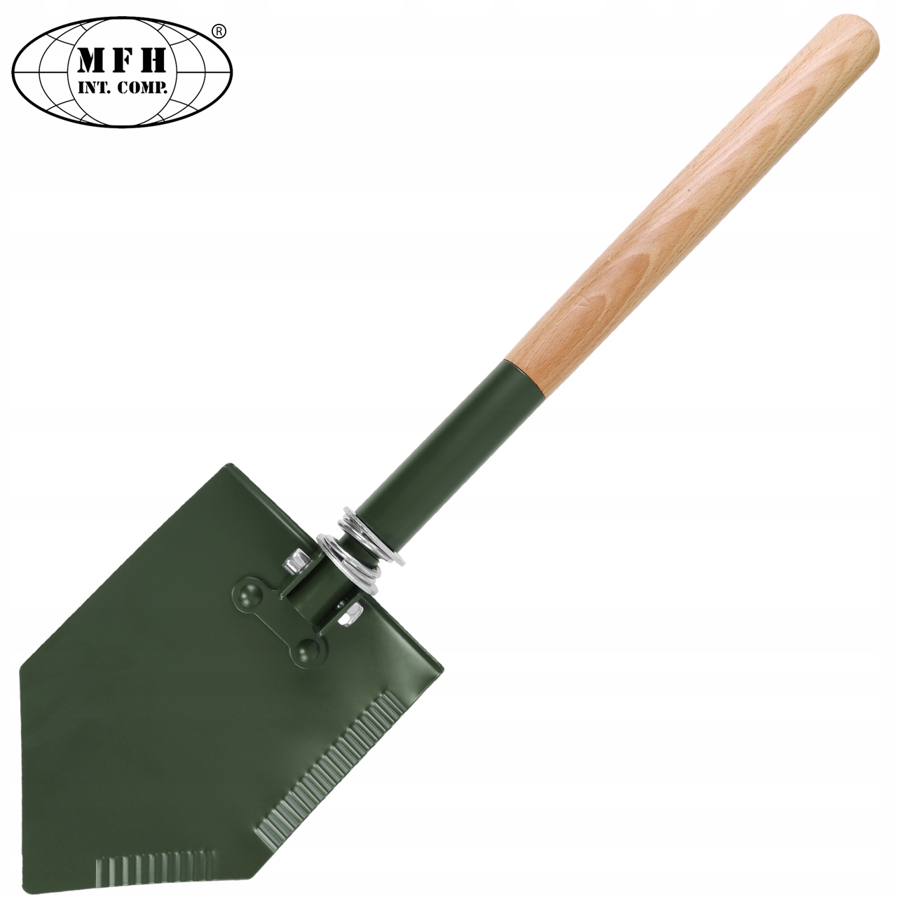 MFH Turistinė kastuvė/lygintuvas Delux su medine rankena, 60 cm ilgio, su dėklu, žalia