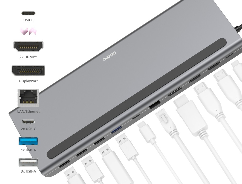 Adapteris hama connect2office pro, usb-c, 10 ports, gray - notebook dock