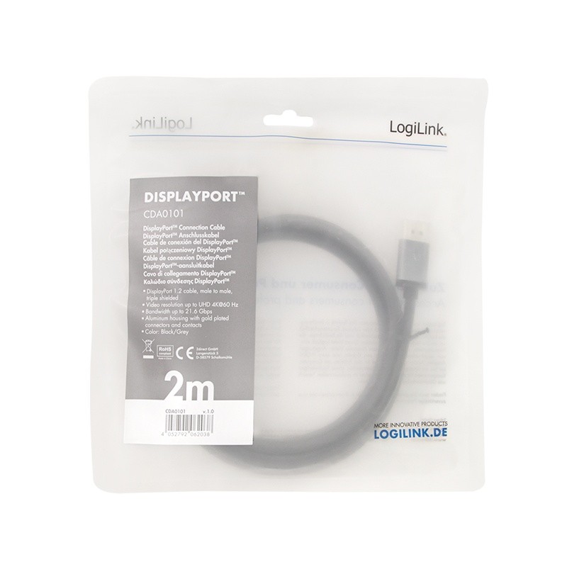 Hdmi Laidas Logilink „Displayport“ Kabelis, 4K / 60 Hz, Dp / M Iki Dp / M, Aliuminio, 2 M
