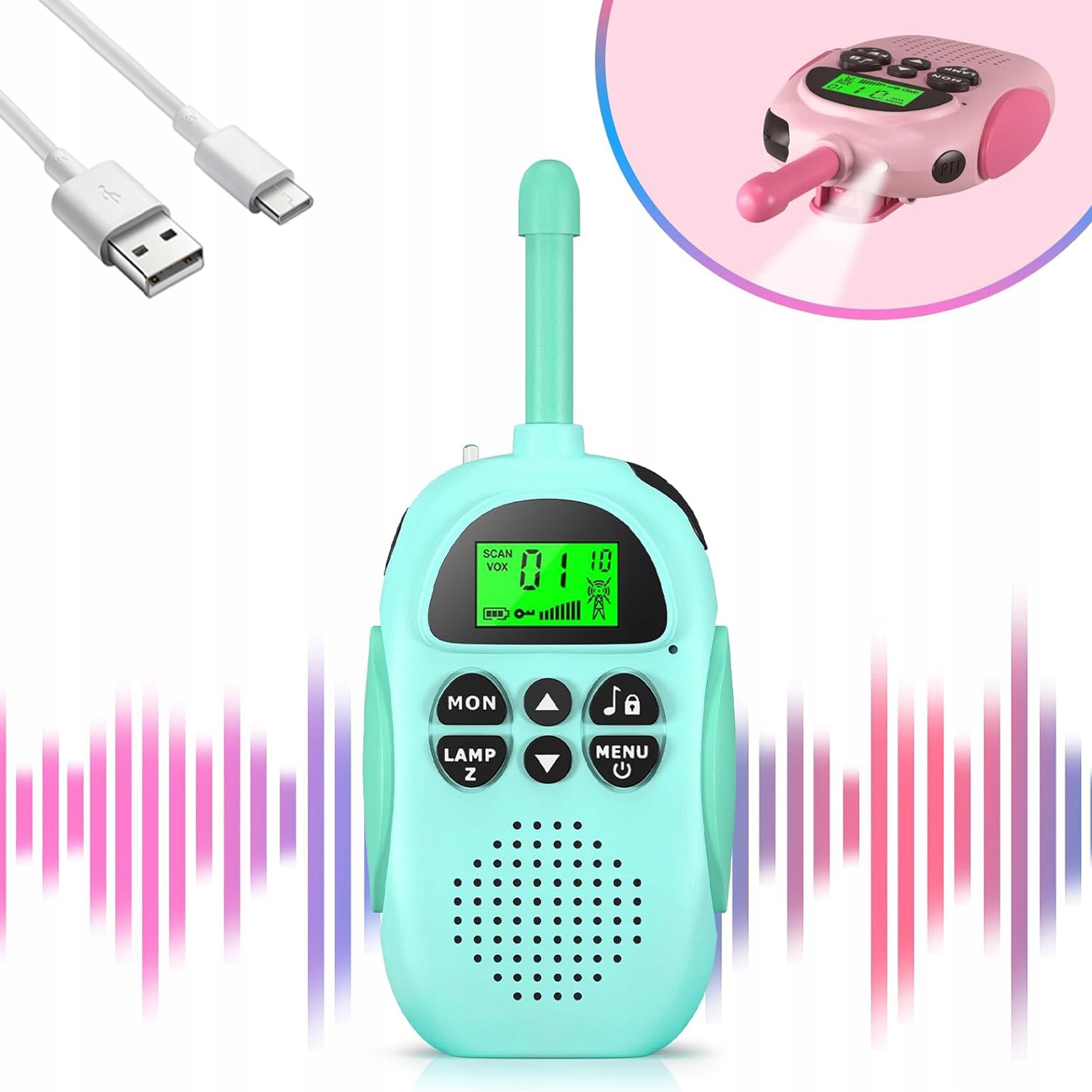 Usb racijos vaikams rinkinys po 2, diapazonas 3 km + dirželiai