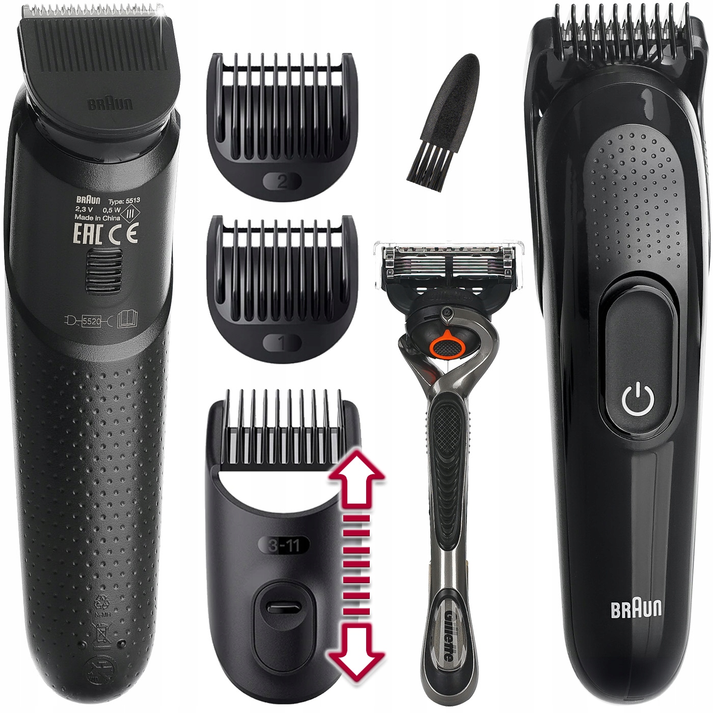 "Braun SK3300" trimeris, barzdos plaukų skustuvas + "Gillette Proglide" + priedai