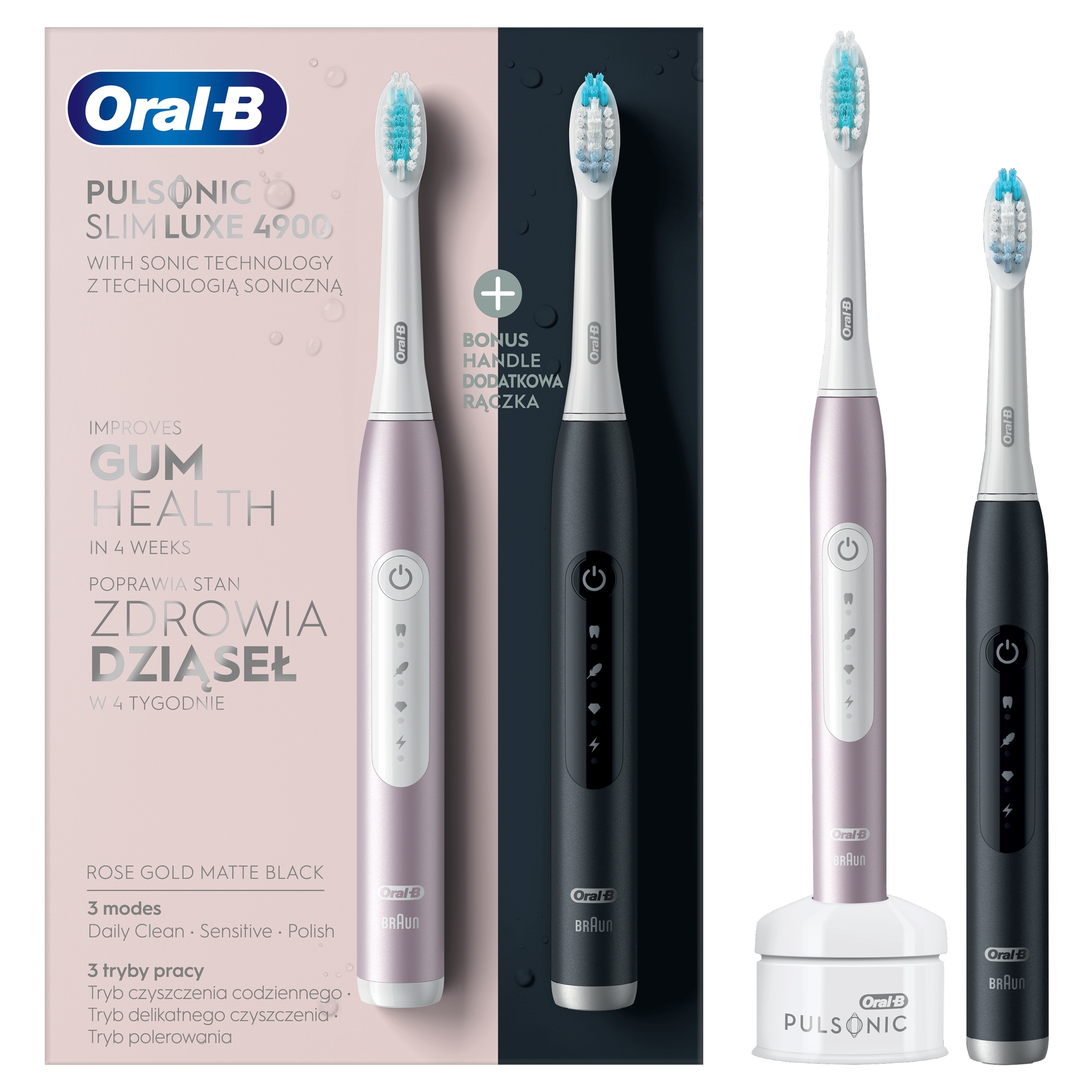 Elektrinis dantų šepetėlis - oral-b pulsonic slim luxe 4900 sonic, 3 režimai, įkraunamas, juodas, rožinis, rožinė