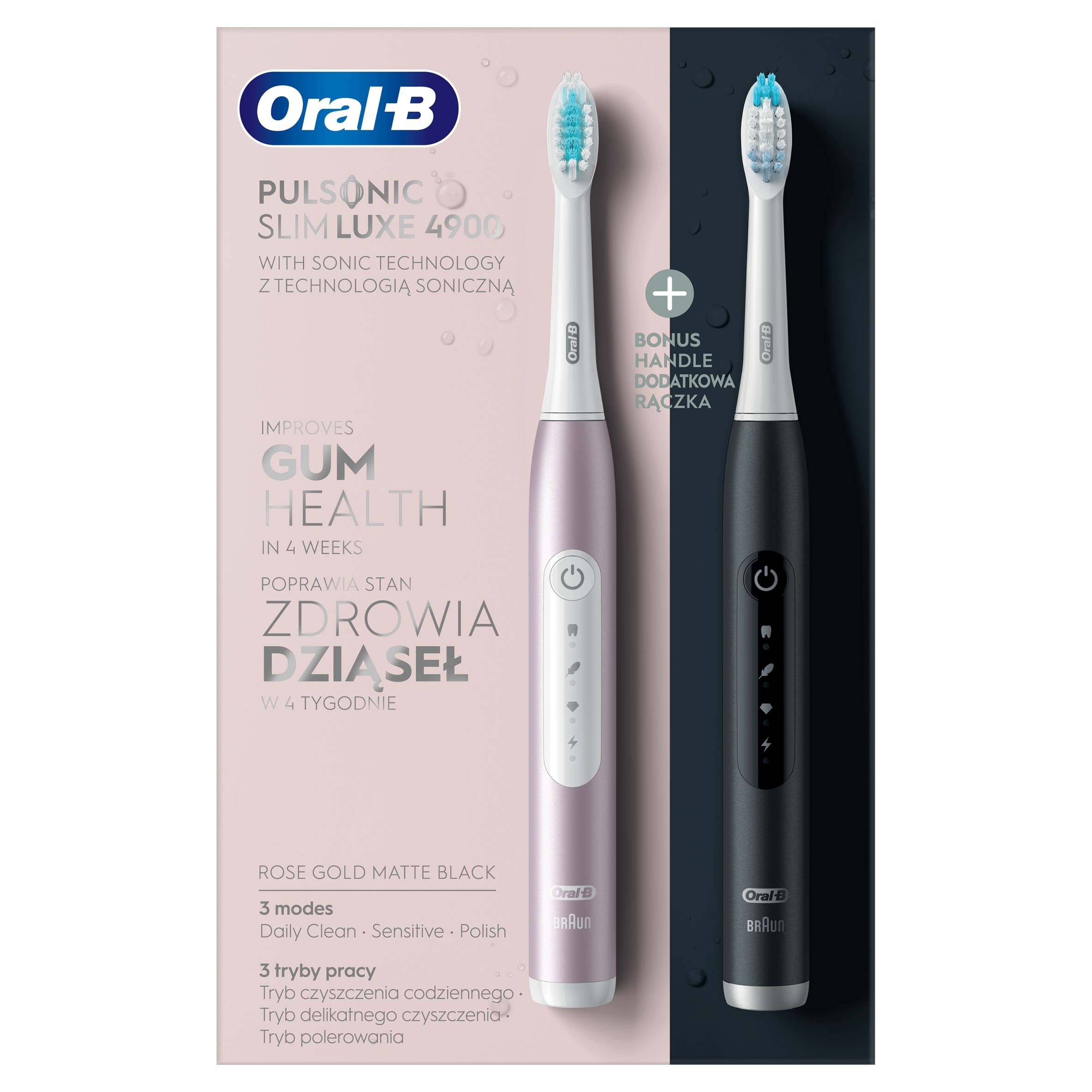 Elektrinis dantų šepetėlis - oral-b pulsonic slim luxe 4900 sonic, 3 režimai, įkraunamas, juodas, rožinis, rožinė