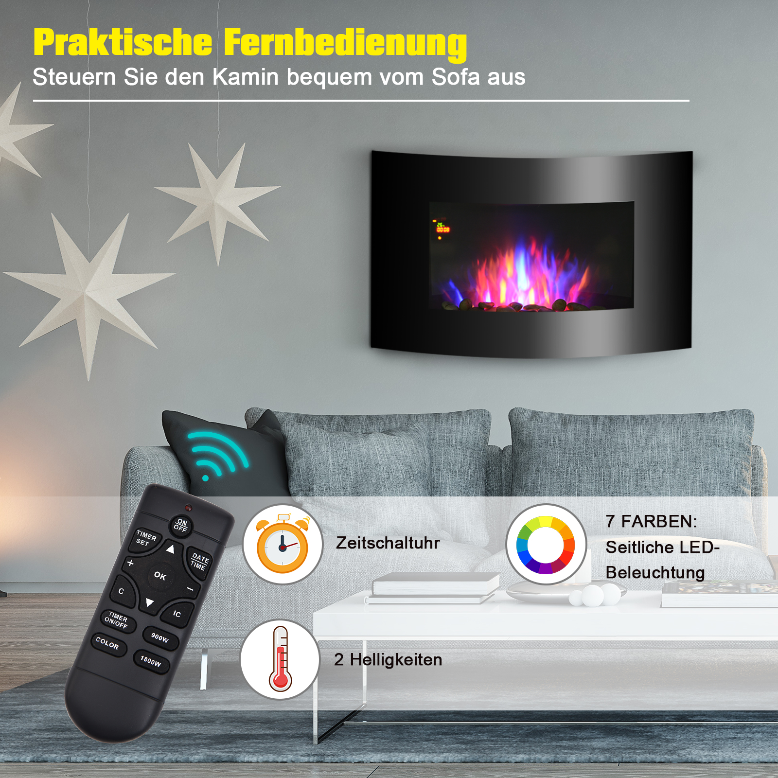 Elektrinis židinys su 7 spalvų LED liepsna ir nuotolinio valdymo pultu, juodas, 65 x 11,4 x 52 cm 3