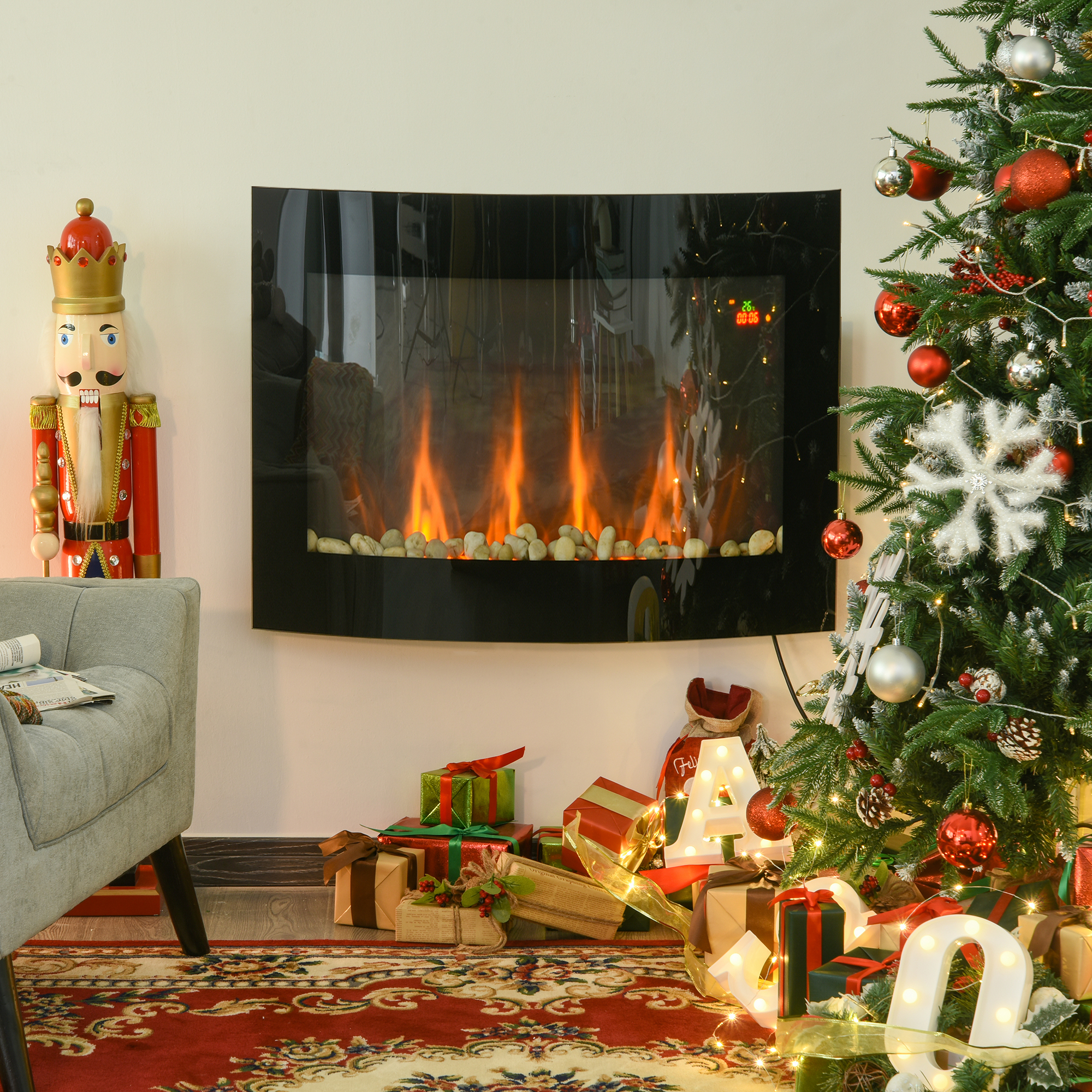 Elektrinis židinys su 7 spalvų LED liepsna ir nuotolinio valdymo pultu, juodas, 65 x 11,4 x 52 cm