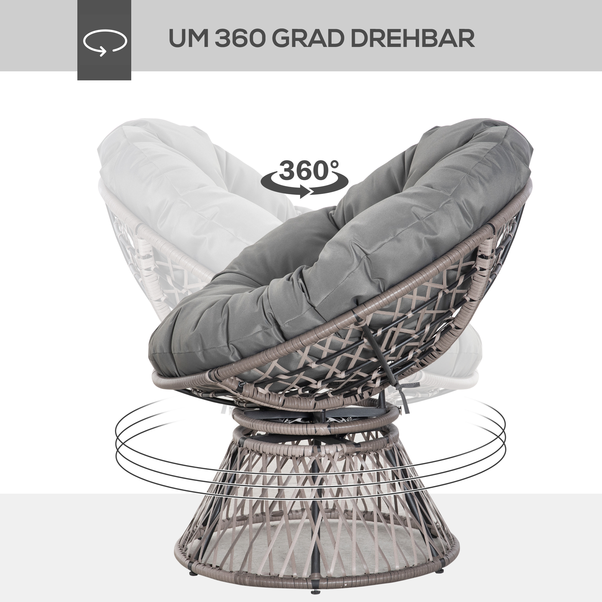 Krėslas su nuimama pagalve, besisukantis 360°, pilkas, 87 × 97 × 86 cm 3