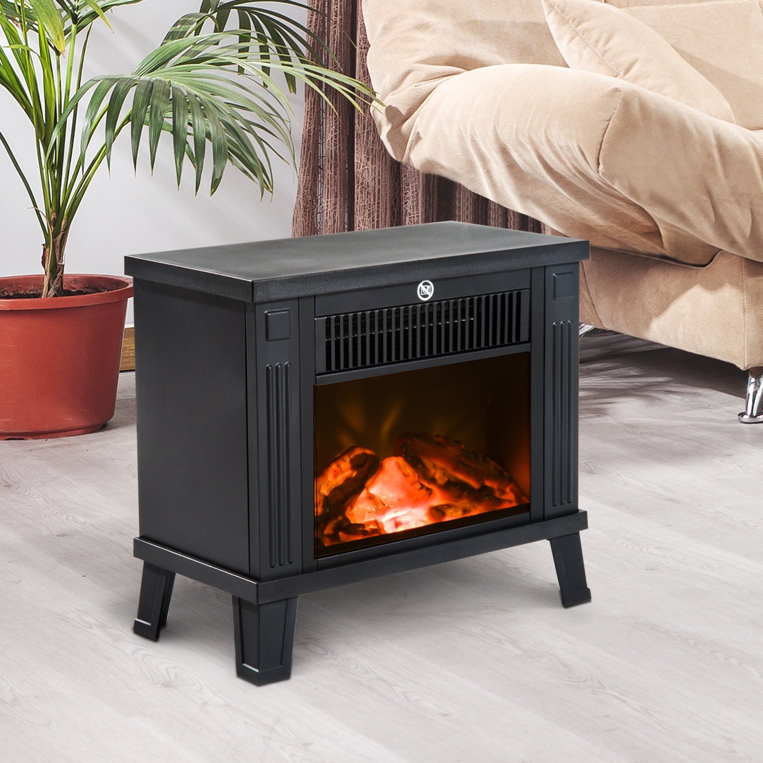 Elektrinis židinys su liepsnos efektu, 600/1200 W, juodas, 34 × 17 × 31 cm