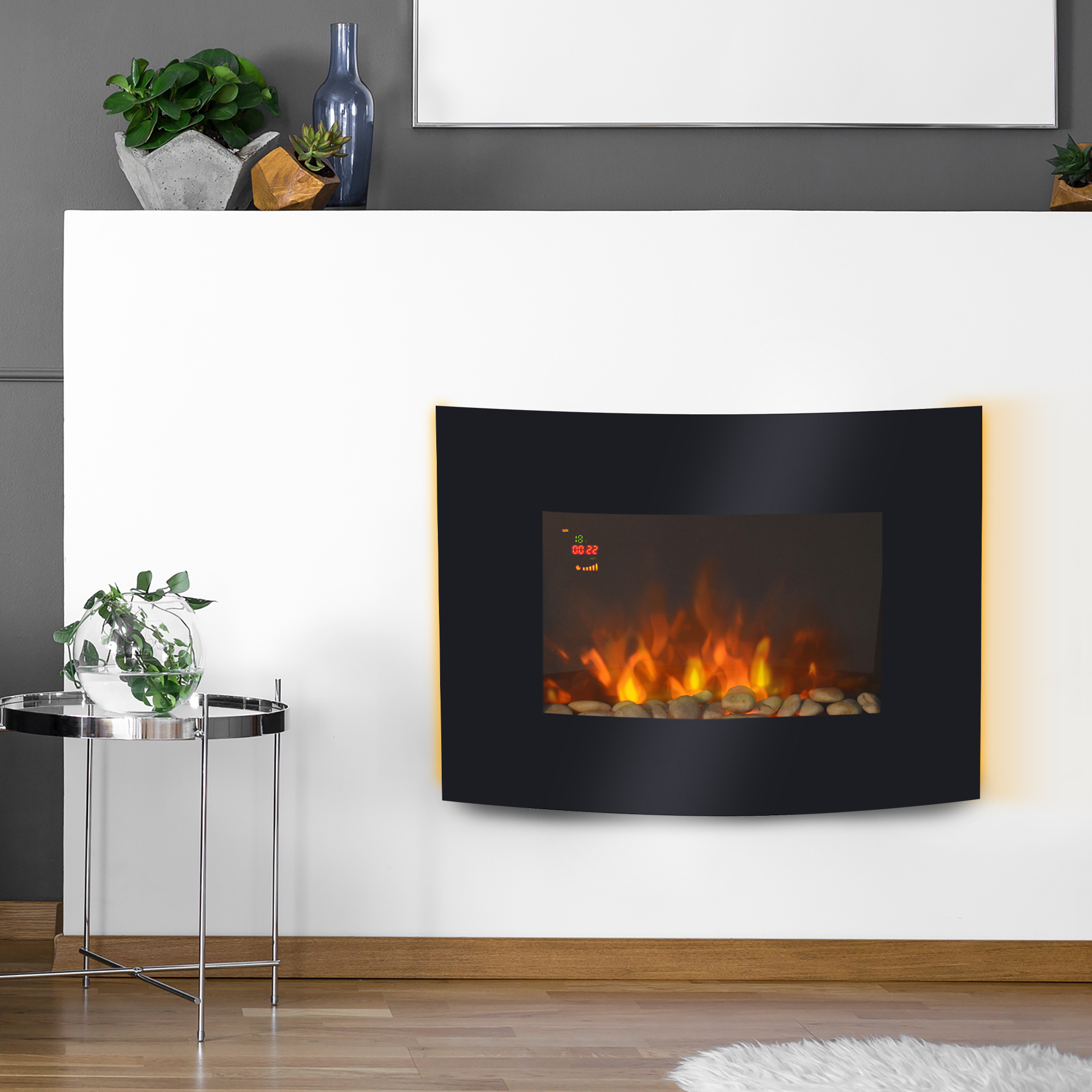 Elektrinis sieninis židinys su LED liepsna, juodas, 65 × 11,4 × 52 cm