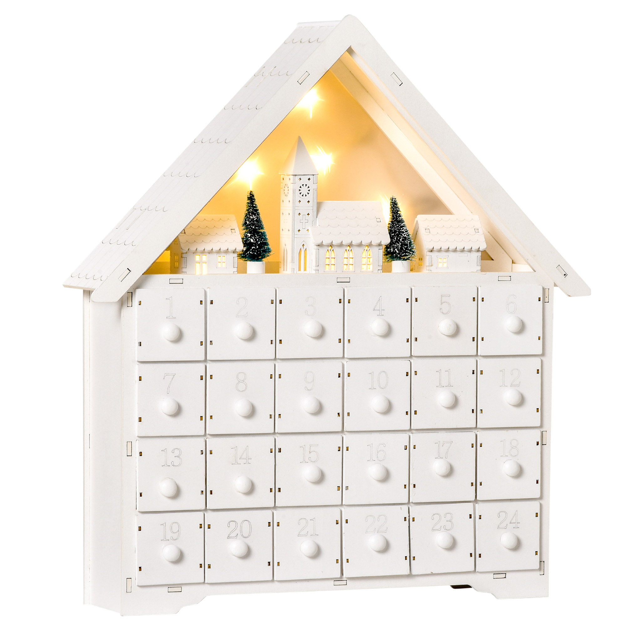 Advento kalendorius su LED apšvietimu ir 24 stalčiais, baltas ir žalias, 39 x 9 x 42 cm