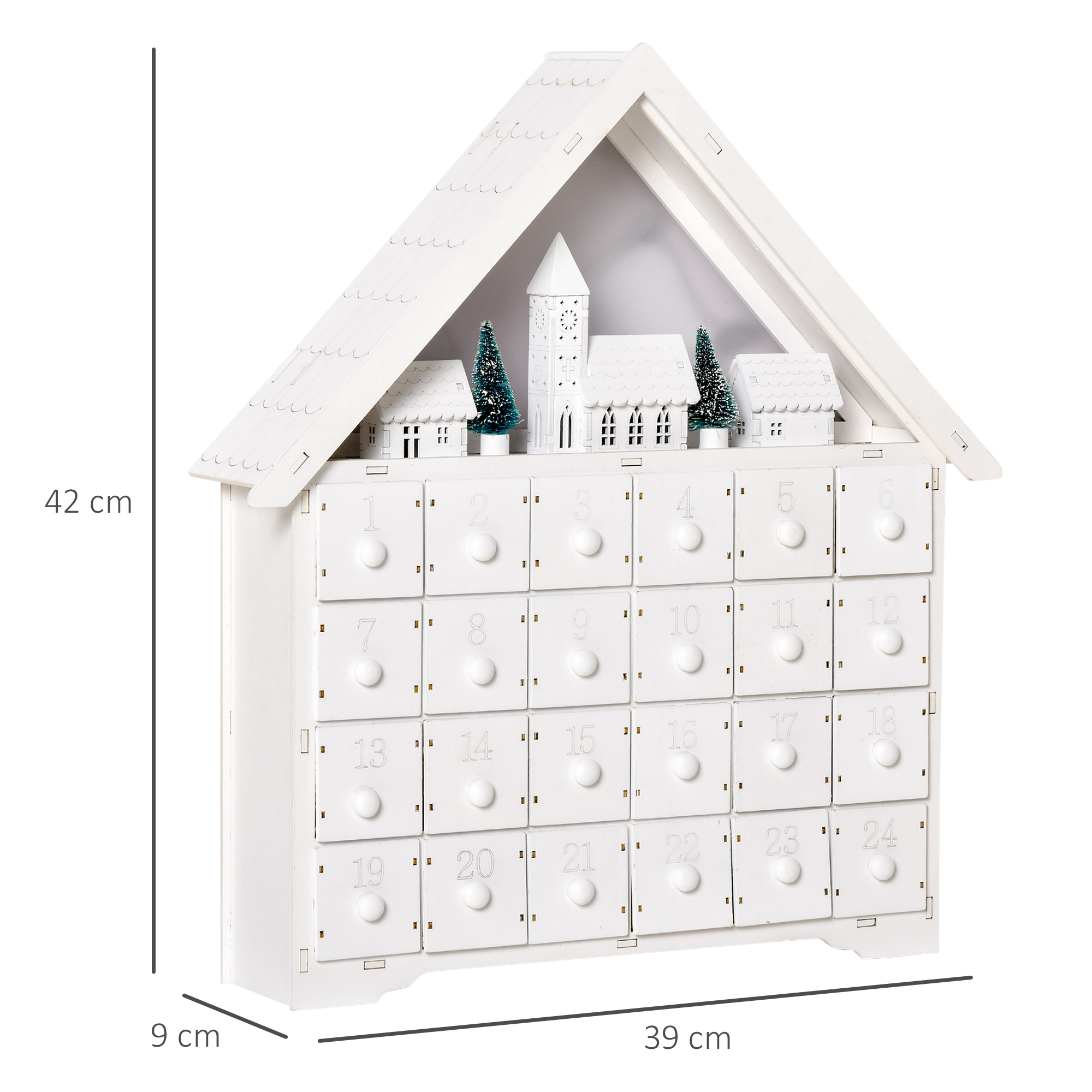 Advento kalendorius su LED apšvietimu ir 24 stalčiais, baltas ir žalias, 39 x 9 x 42 cm 2