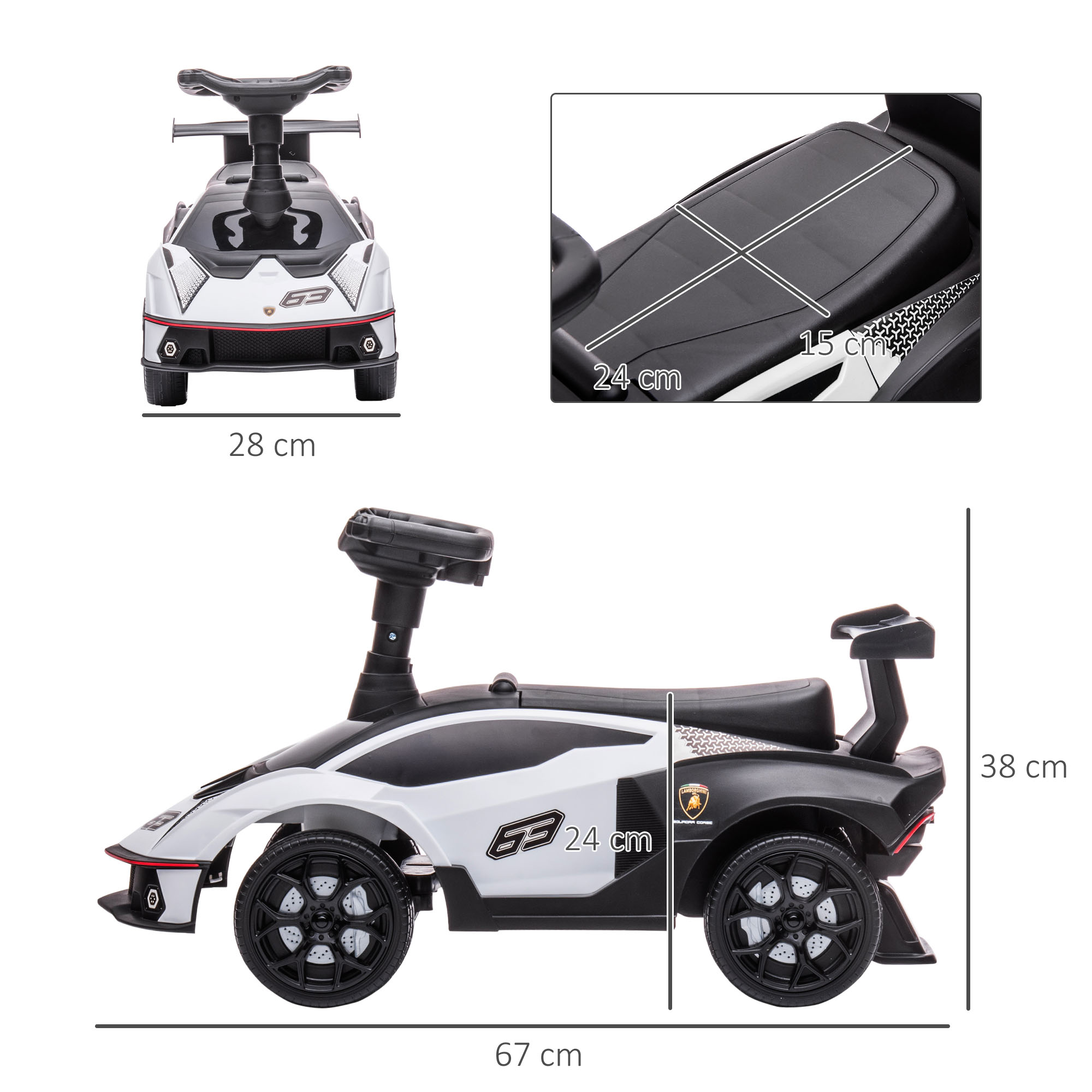 Paspiriama mašinėlė su „Lamborghini“ licencija ir garso efektais, balta ir juoda, 67 × 28 × 38 cm 2