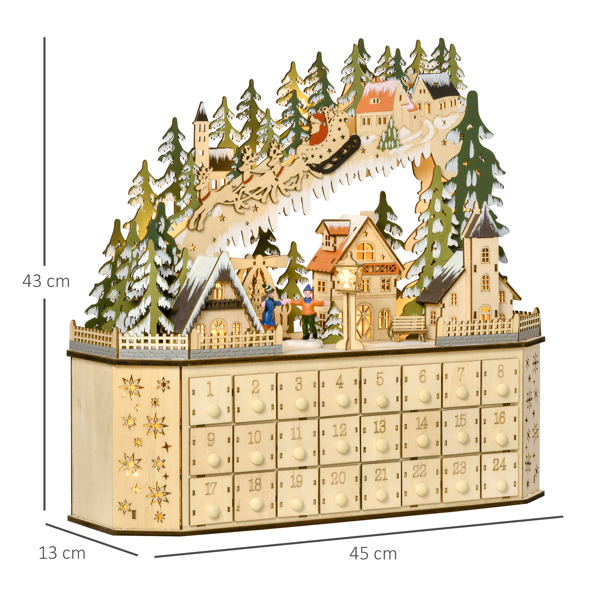 Adventa kalendārs ar 24 atvilktnēm un LED apgaismojumu, dabīgas koksnes tonis, 45 × 13 × 43 cm 2