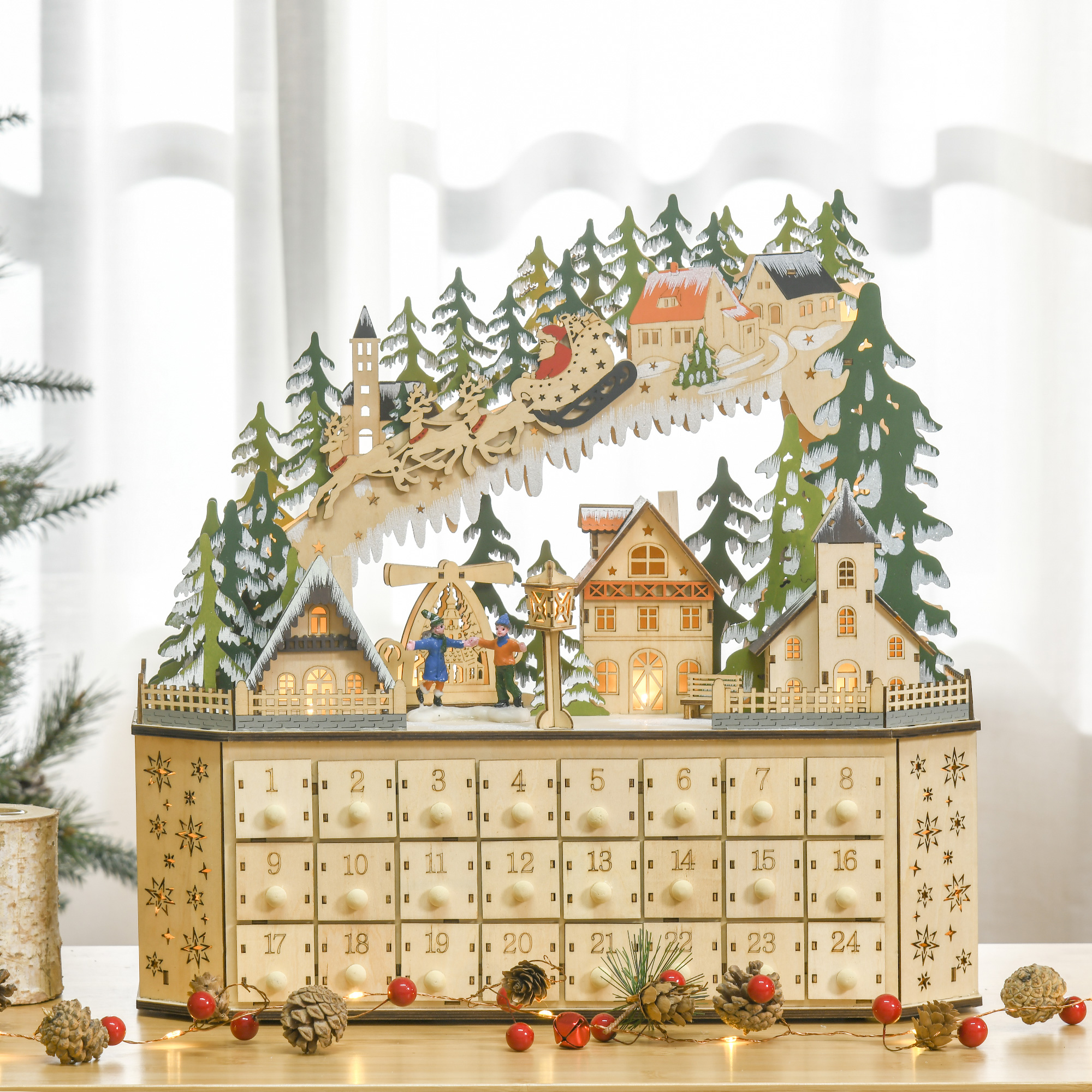 Adventa kalendārs ar 24 atvilktnēm un LED apgaismojumu, dabīgas koksnes tonis, 45 × 13 × 43 cm