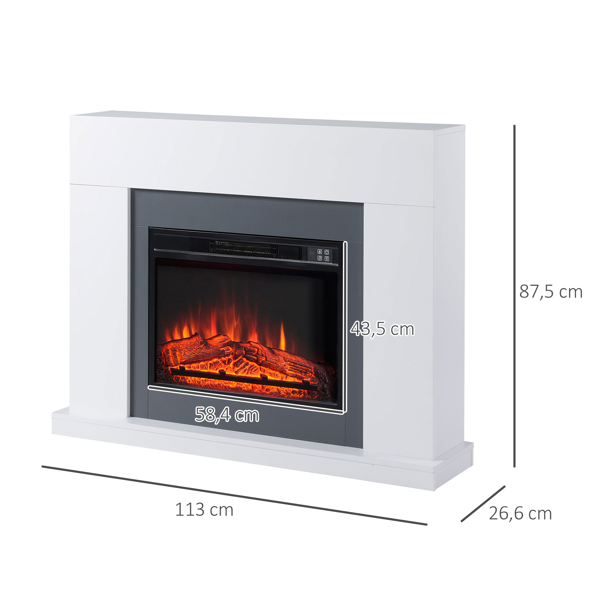 Elektrinis židinys su LED liepsnos efektu ir nuotolinio valdymo pultu, baltas, 113 × 26,6 × 87,5 cm 2