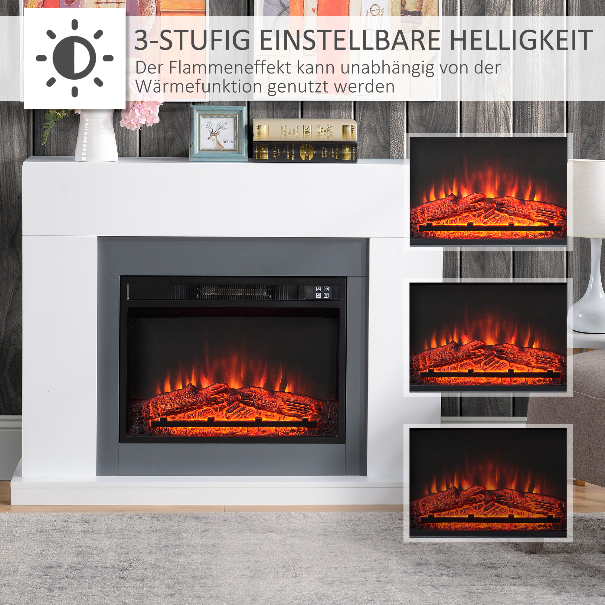 Elektrinis židinys su LED liepsnos efektu ir nuotolinio valdymo pultu, baltas, 113 × 26,6 × 87,5 cm 3