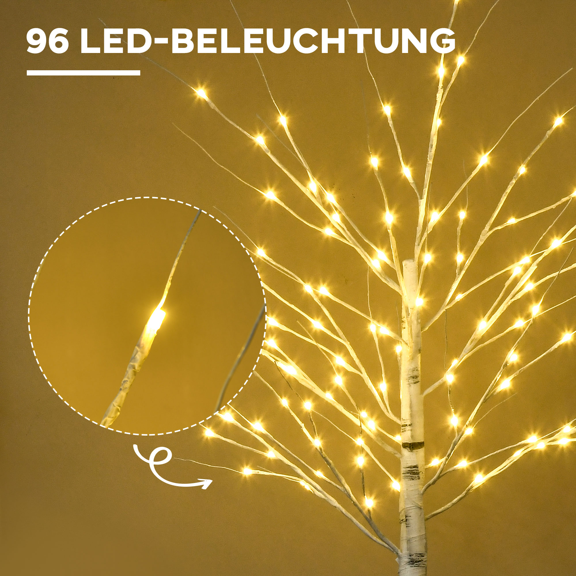 LED dekoratyvinis beržas su 96 šiltai baltomis LED lemputėmis, baltas, 22 × 22 × 180 cm 3