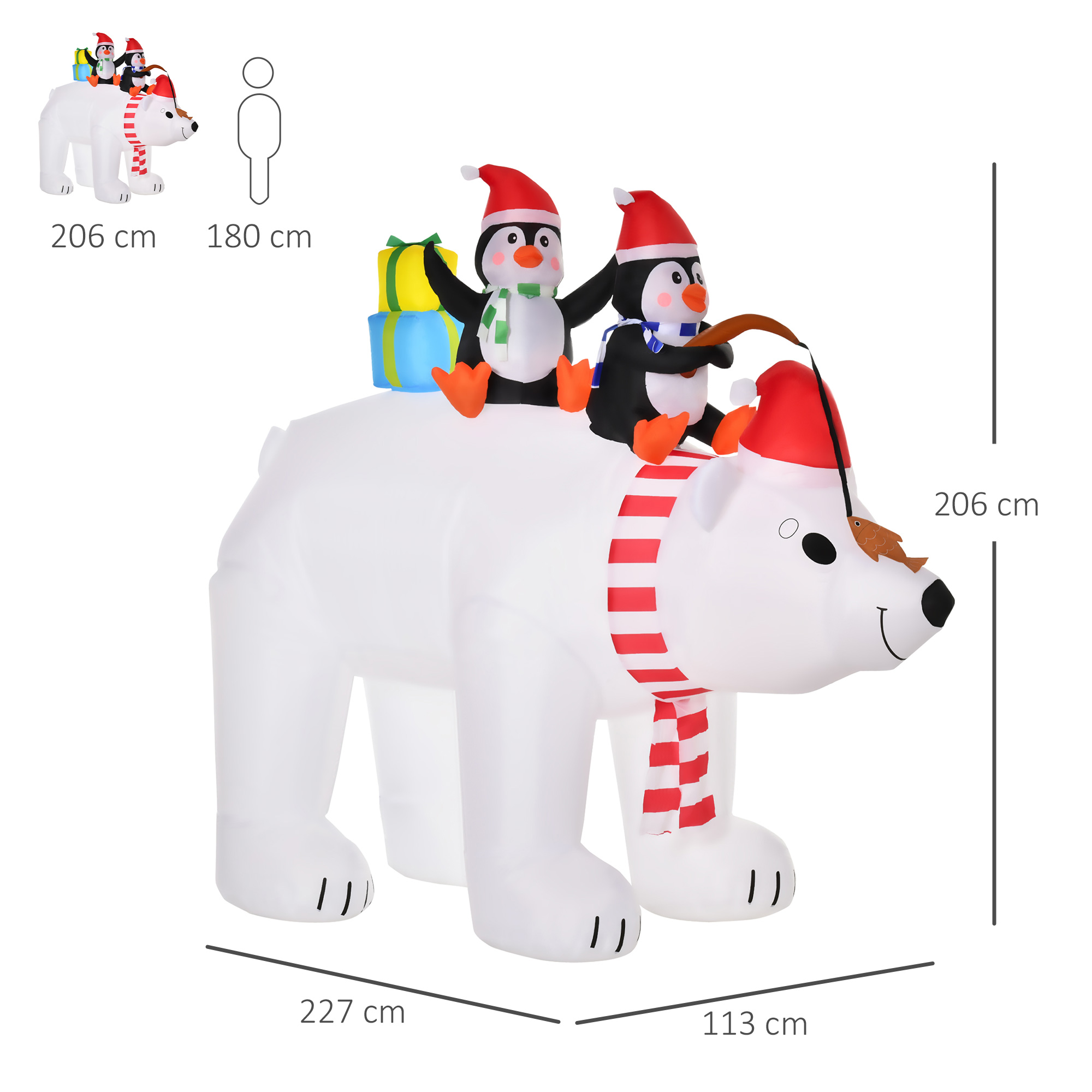 Piepūšamā Ziemassvētku dekorācija ar baltu lāci un diviem pingvīniem, ar LED apgaismojumu, balta, sarkana un melna, 227 × 113 × 206 cm 2