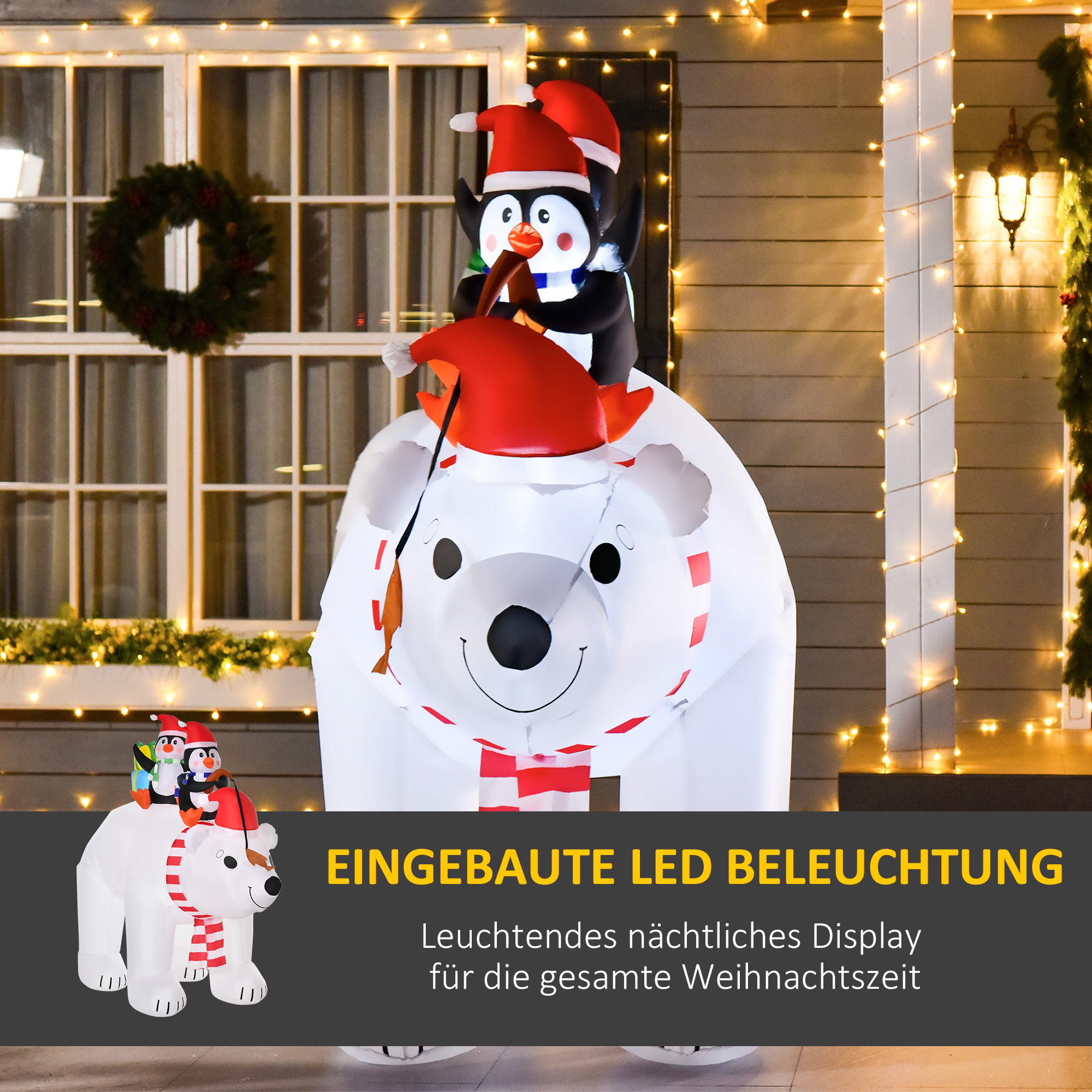 Piepūšamā Ziemassvētku dekorācija ar baltu lāci un diviem pingvīniem, ar LED apgaismojumu, balta, sarkana un melna, 227 × 113 × 206 cm 3
