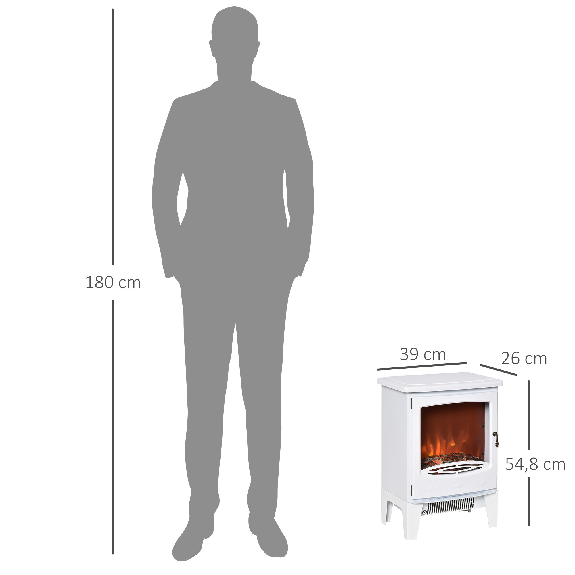 Elektrinis židinys su LED liepsnos efektu, 900/1800 W, baltas, 39 x 26 x 54,8 cm 2