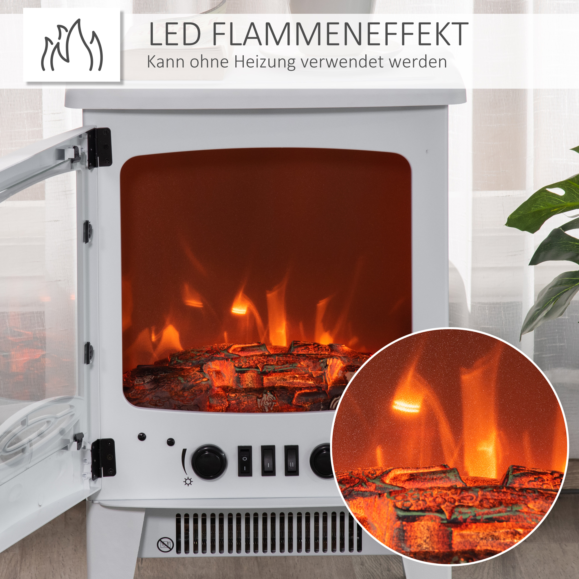 Elektrinis židinys su LED liepsnos efektu, 900/1800 W, baltas, 39 x 26 x 54,8 cm 3