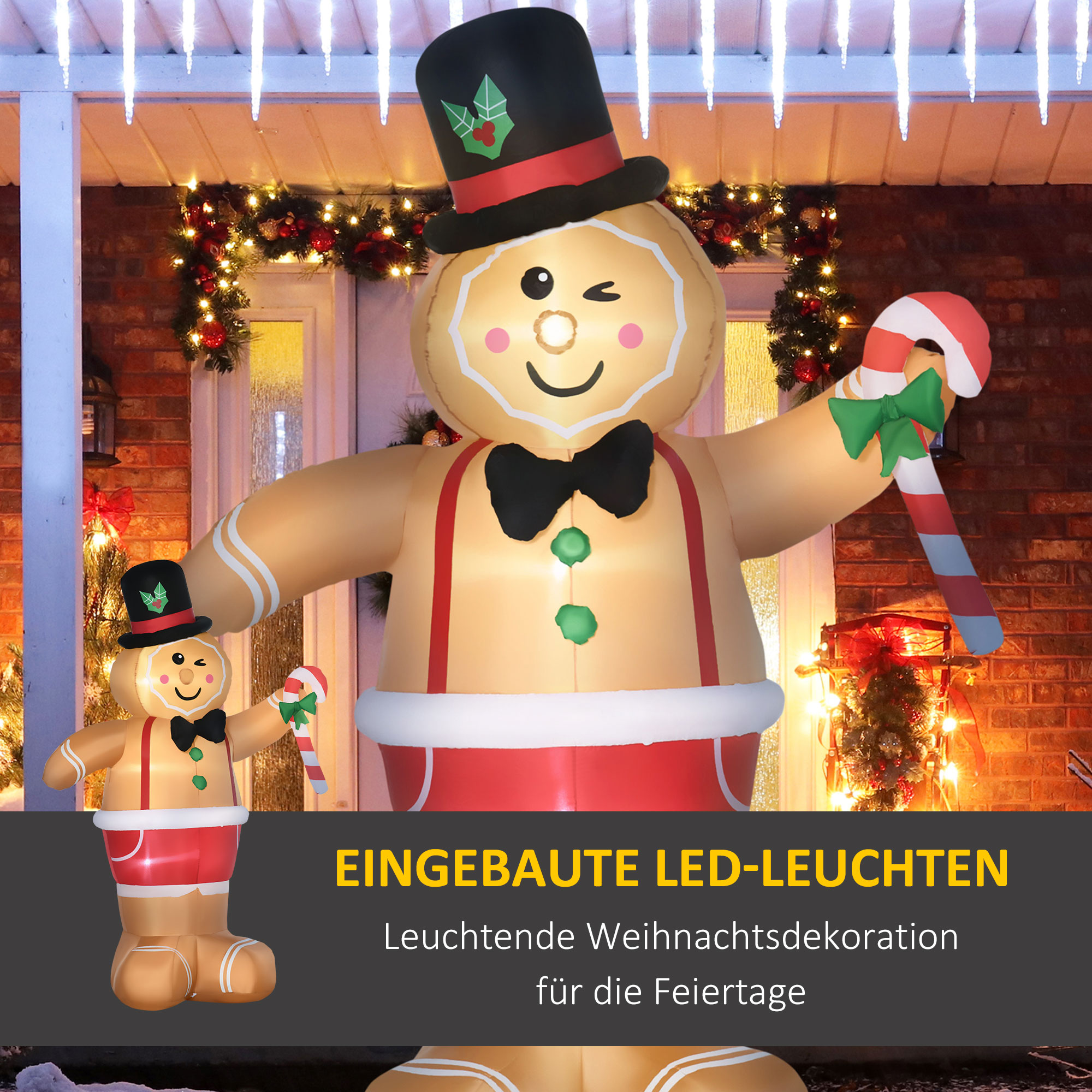 Pripučiama Kalėdų dekoracija – meduolinis žmogeliukas su saldainine lazdele ir LED apšvietimu, ruda, 175 × 82 × 238 cm 3