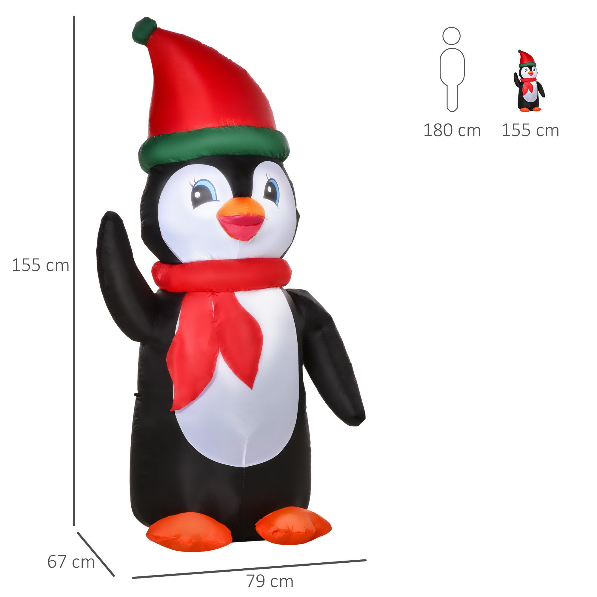 Piepūšama Ziemassvētku dekorācija pingvīns ar šalli un LED apgaismojumu, balta/melna/sarkana/zaļa, 79 × 67 × 155 cm 2