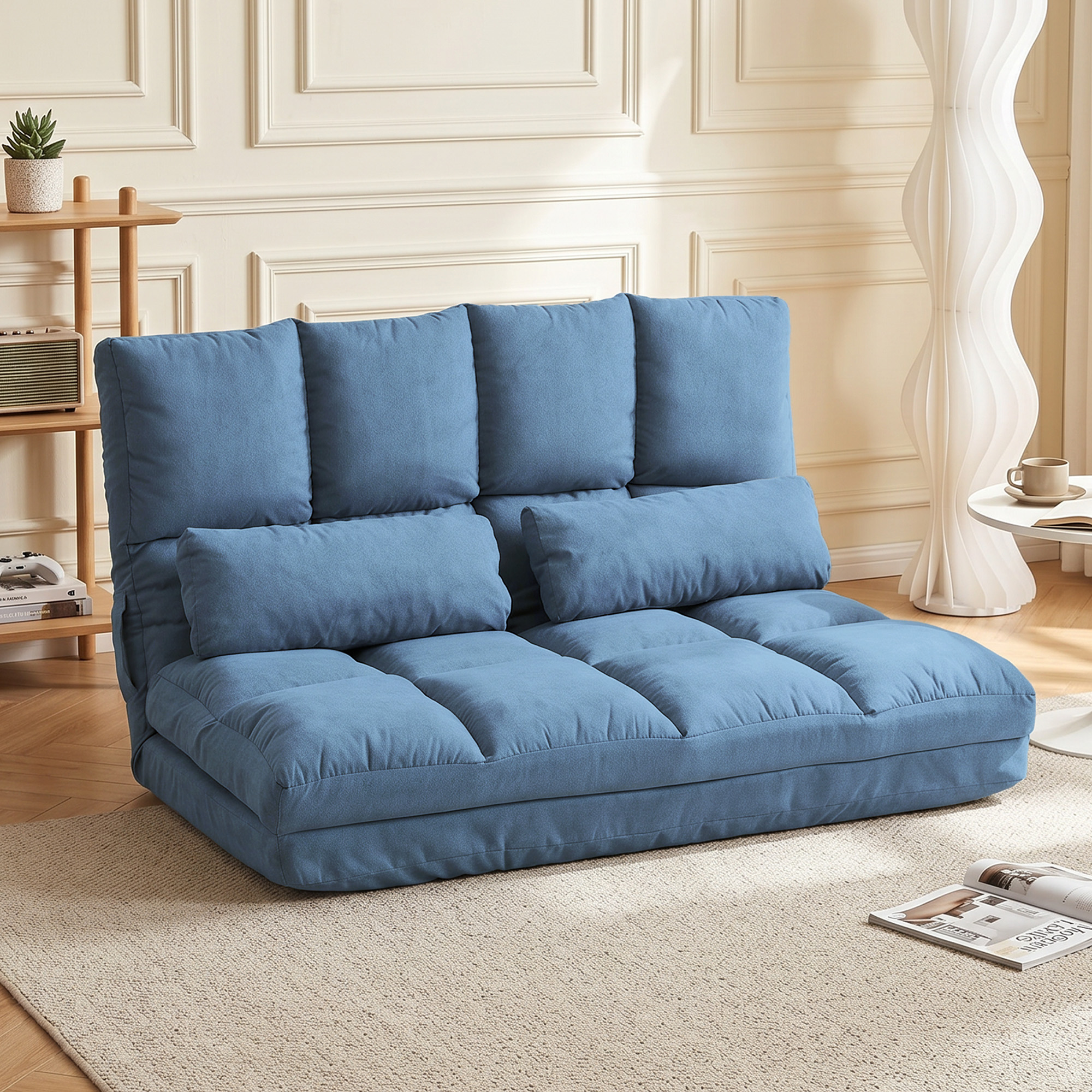 Sulankstoma grindų sofa su reguliuojamu atlošu, mėlyna, 102cm